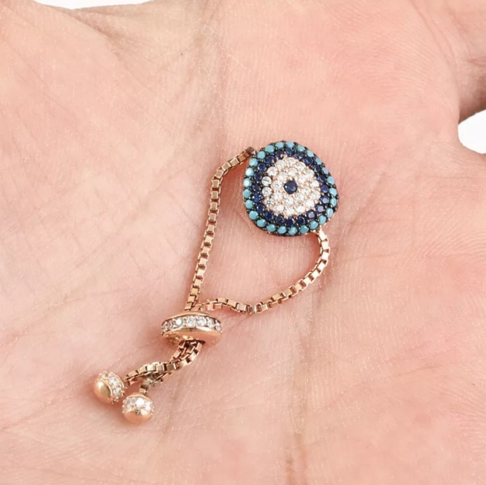 Sapphire Turquoise & Topaz Sterling & Gold Evil eye adjustable ring - Picture 3 of 10